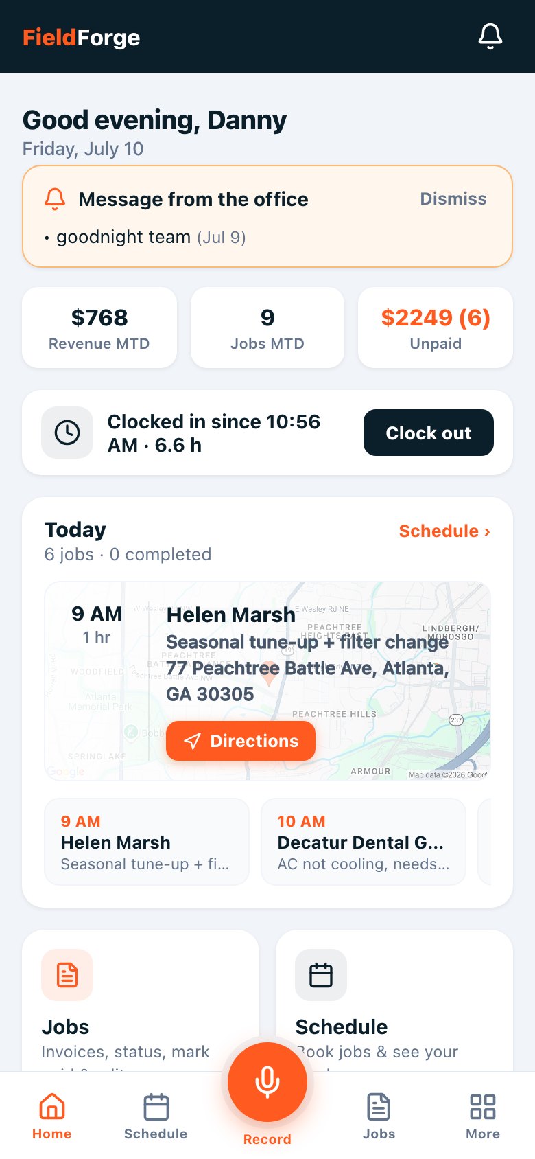 FieldForge mobile app home dashboard: today's revenue, jobs and schedule