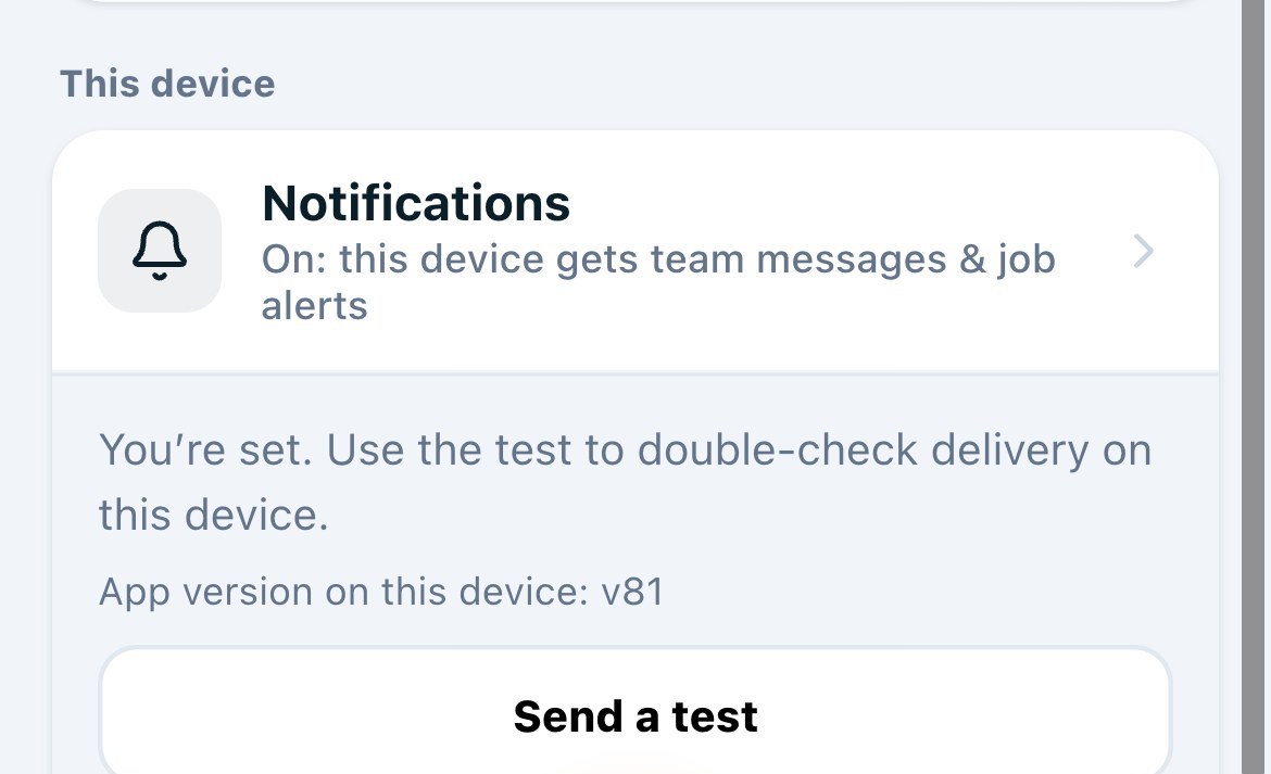 More &rarr; Notifications on any phone: status, test button, app version.